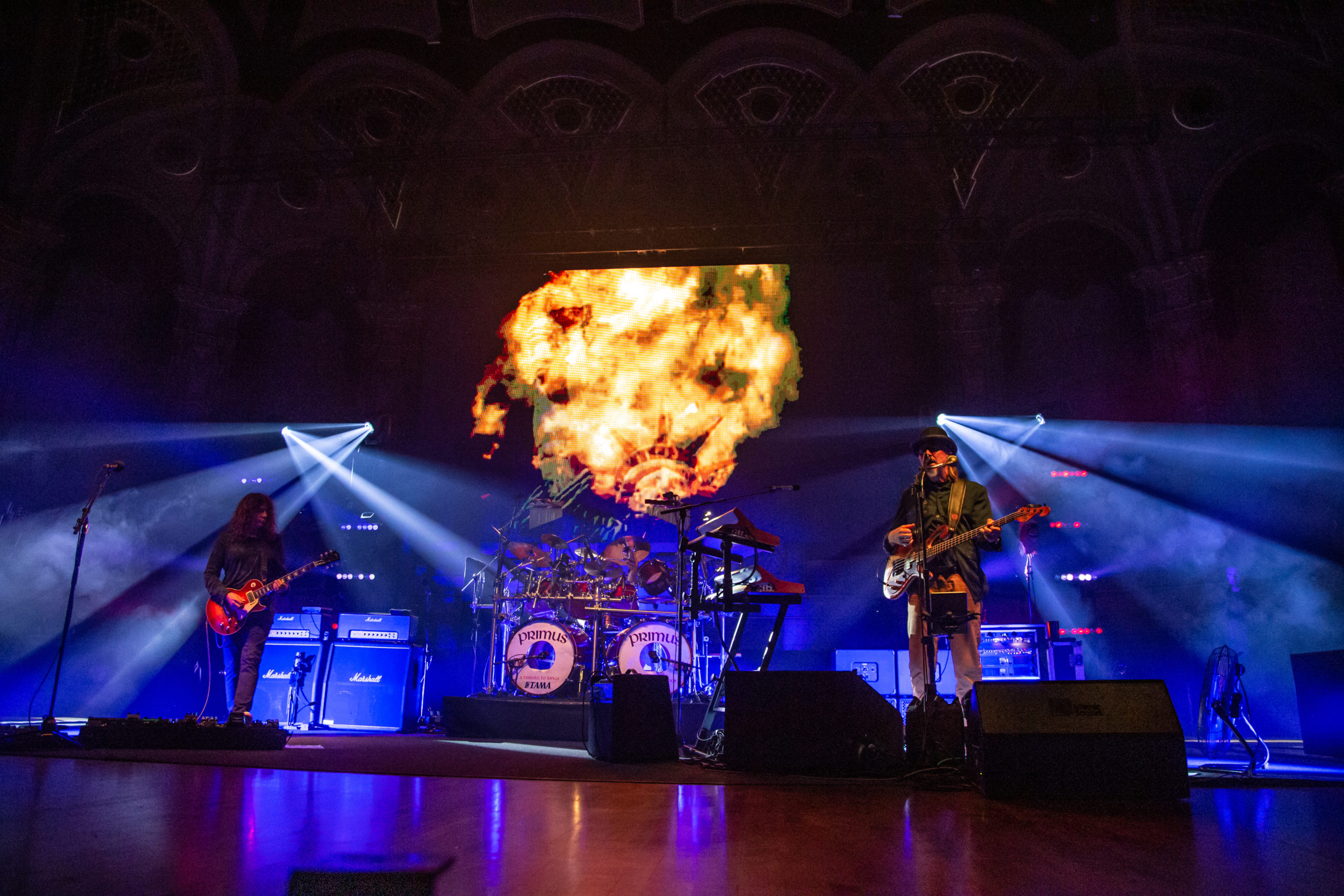 Explosions and the Statue of Liberty on screen during Primus' show at the Orpheum