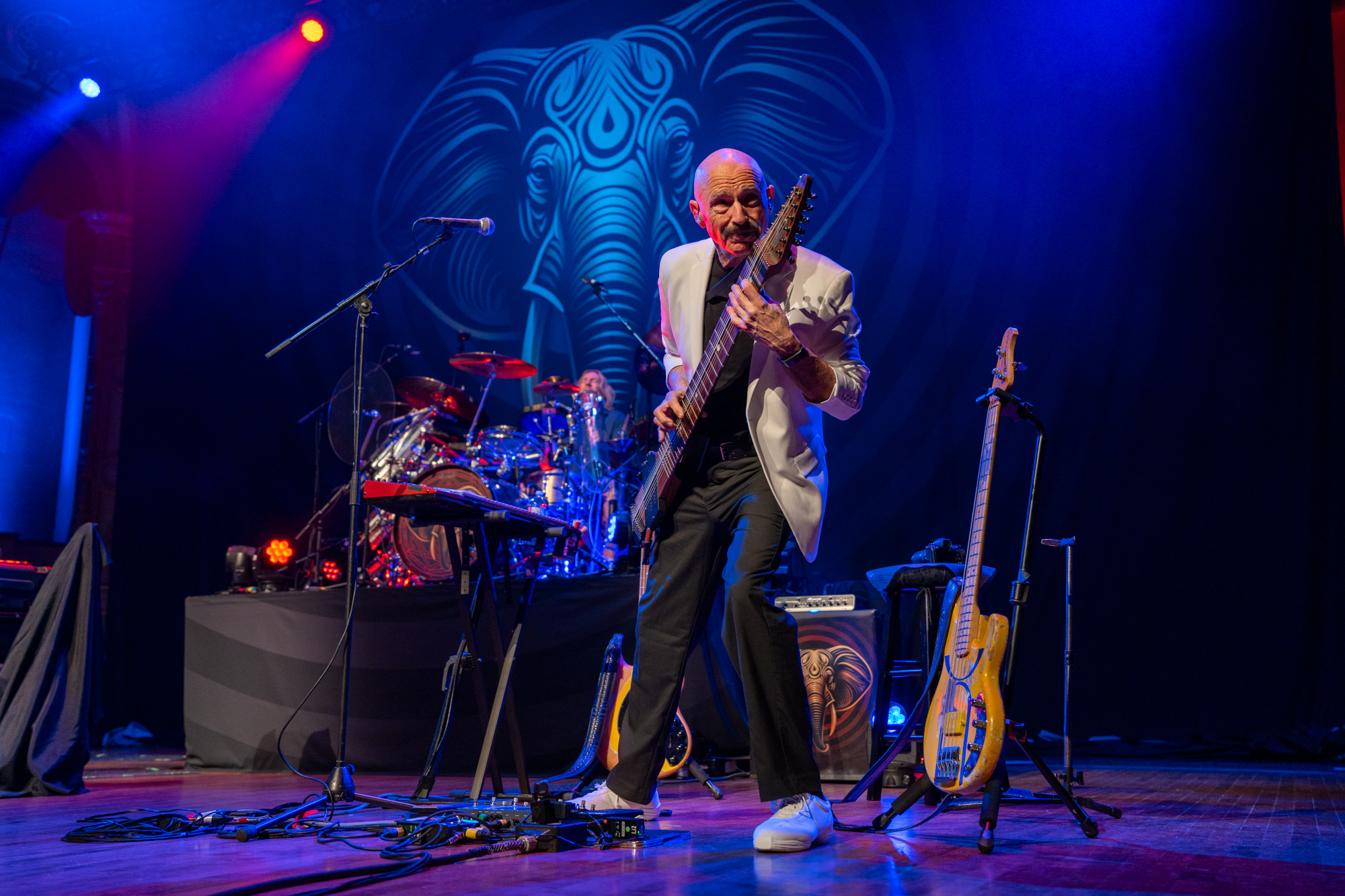 Tony Levin of King Crimson playing a Chapman Stick, Dany Carey on Drums