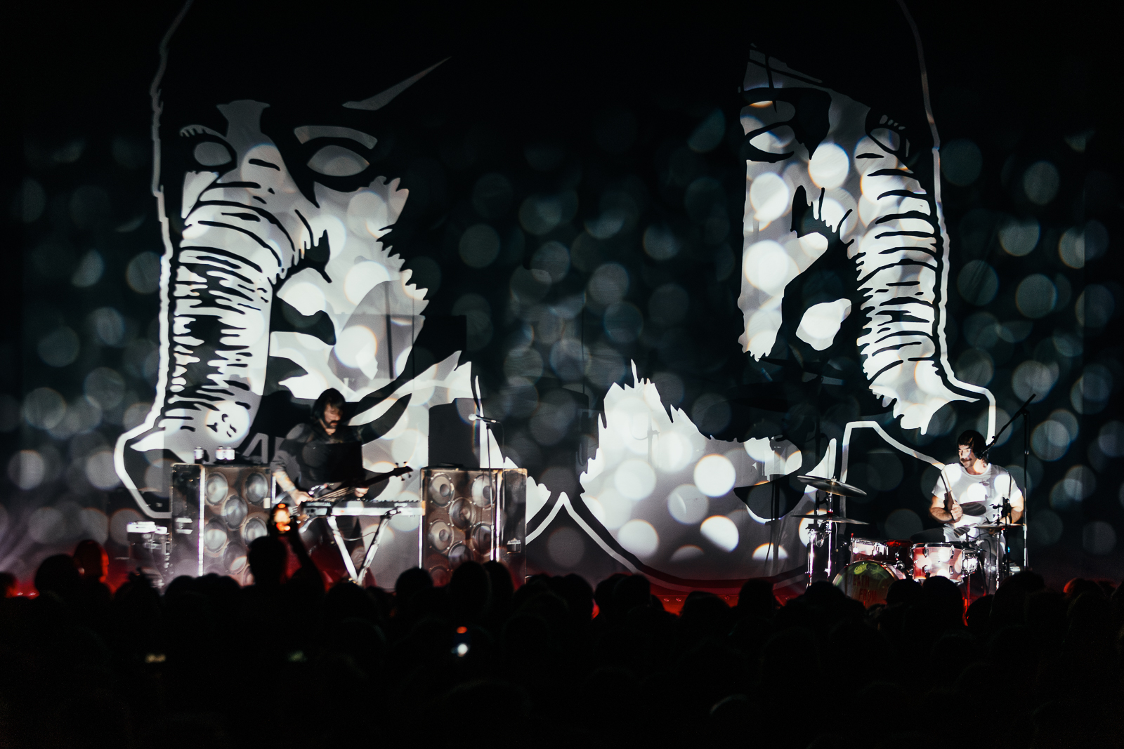 The iconic elephant face backdrop is on the stage with Death From Above 1979 at the Vogue Theatre